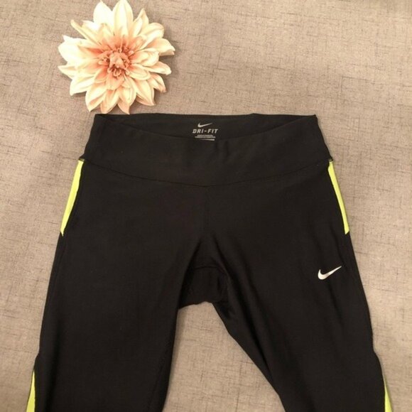 Nike Crop Leggings Black Yellow Yoga Pant Small - Picture 2 of 6